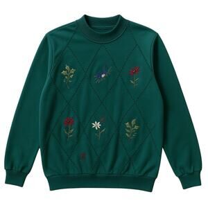 Vintage Alfred Dunner Green Embroidered Sweatshirt Floral Bird M Cottagecore GMA